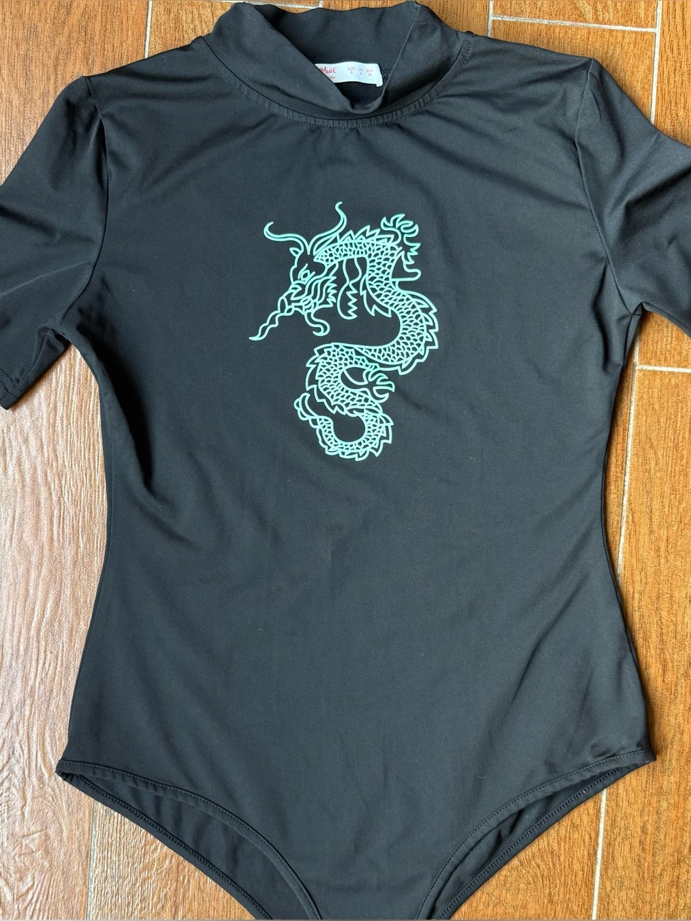 Black Bodysuit with Mint Green Dragon Graphic